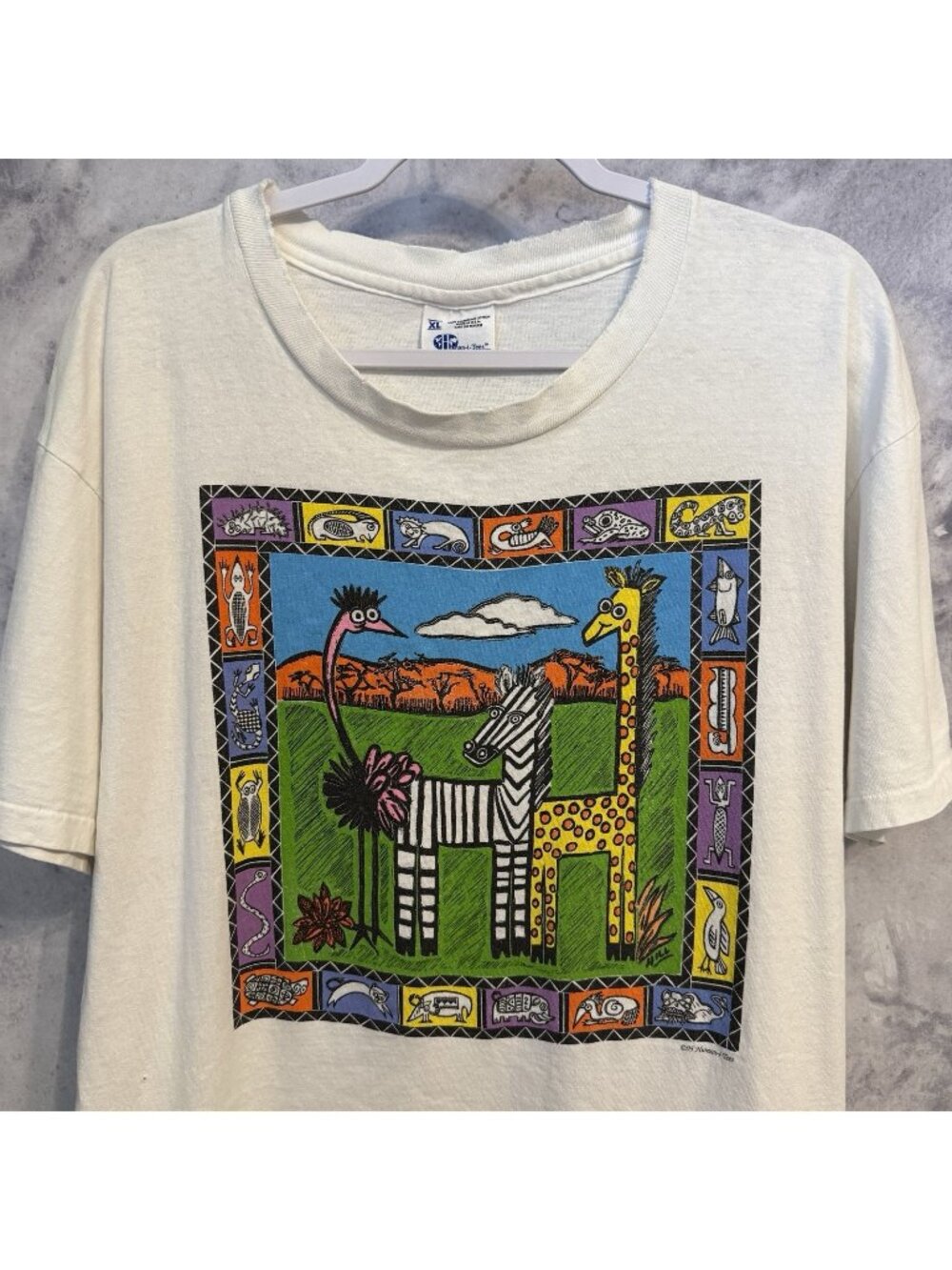 Vtg 90s Human i Tees Safari Animal T Shirt XL Zebra Giraffe Ostrich Nature Eco